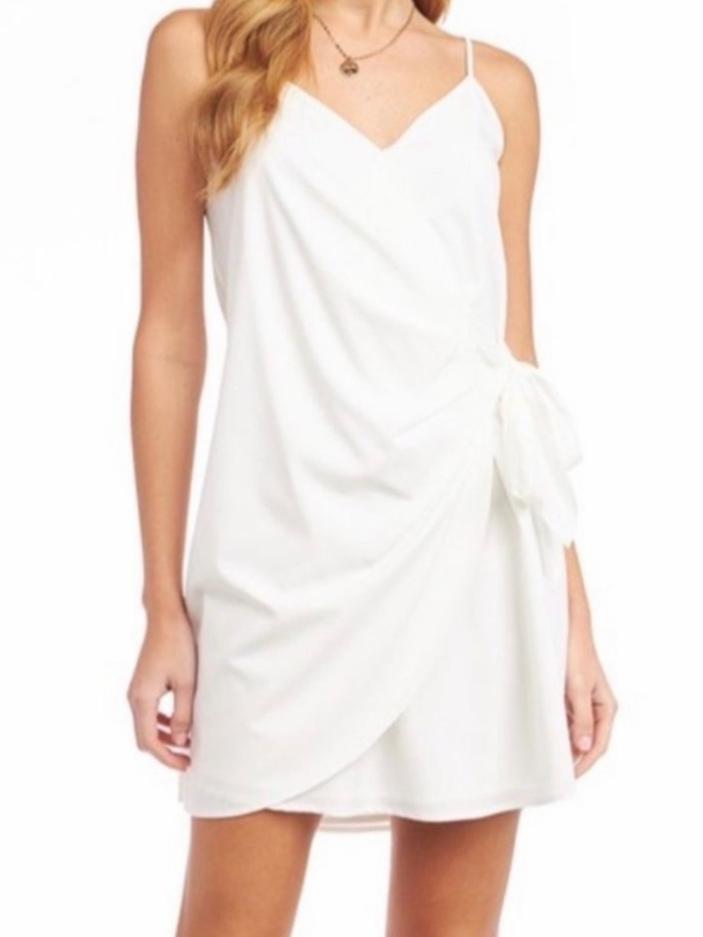 Cage white faux-wrap mini dress featuring cami straps and a side-tie bow Sz M